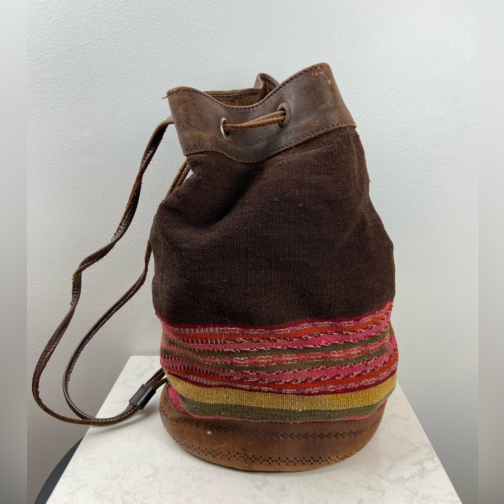 Handmade Leather and Textile Woven Peruvian Backpack/Over the shoulder bag